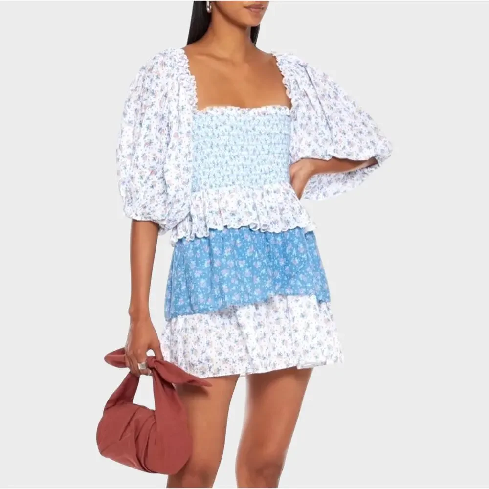 LoveShackFancy NWOT Shaw Large Blue Micro Mini Dress Floral Tiered Tunic - Picture 4 of 16